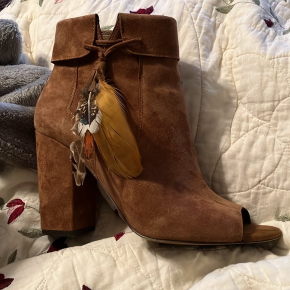 Jessica Simpson Brown Suede Ankle Boots with Tassel Detail Side Zipper Open Toe - Picture 5 of 8